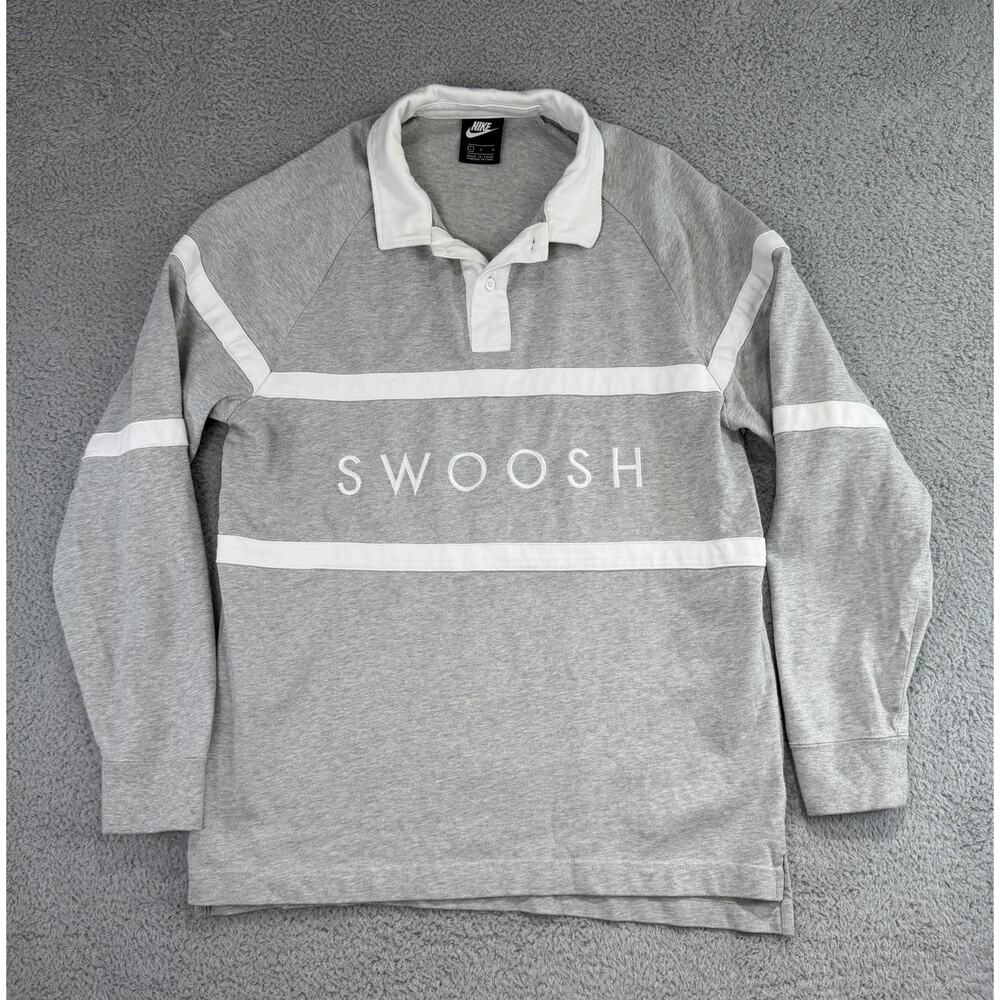 Nike Swoosh Rugby Shirt Mens L Gray White Stripe Long Sleeve Heavy Cotton Polo